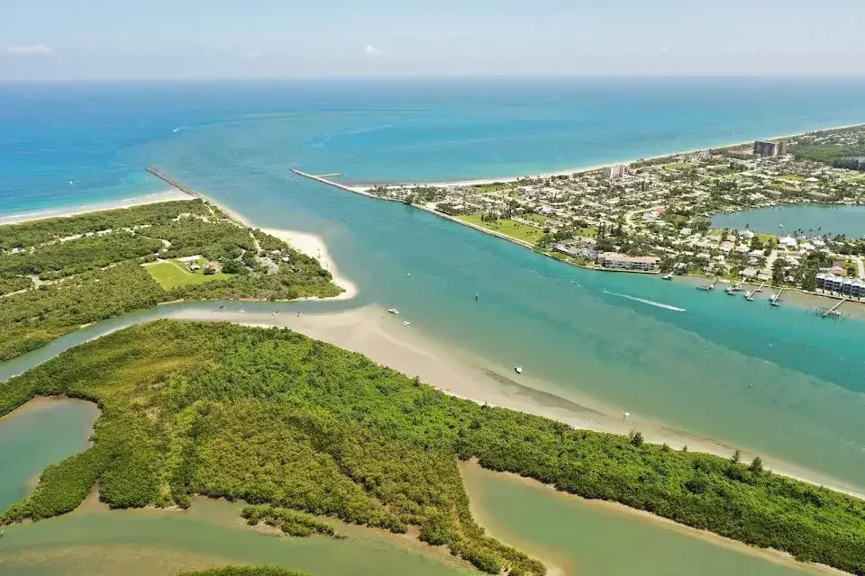 Aerial view of Fort Pierce Inlet and its coastal park